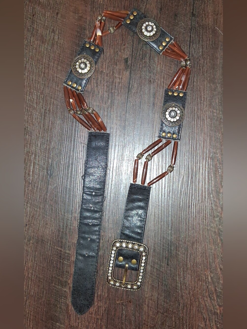 vintage bohemian-style black leather belt